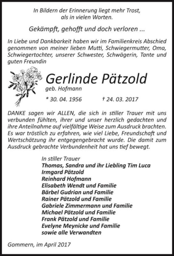 Traueranzeige von Gerlinde Pätzold (geb. Hofmann)  von Magdeburger Volksstimme
