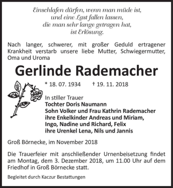 Traueranzeige von Gerlinde Rademacher  von Magdeburger Volksstimme