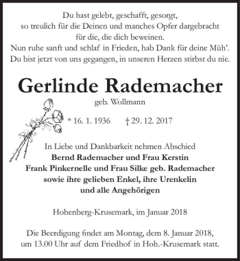 Traueranzeige von Gerlinde Rademacher (geb. Wollmann)  von Magdeburger Volksstimme