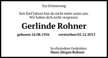 Traueranzeige von Gerlinde Rohner  von Magdeburger Volksstimme