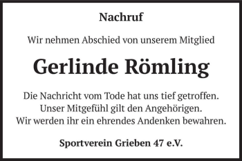 Traueranzeige von Gerlinde Römling  von Magdeburger Volksstimme