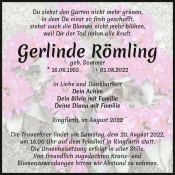 Traueranzeige von Gerlinde Römling (geb. Sommer)  von Magdeburger Volksstimme