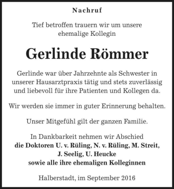 Traueranzeige von Gerlinde Römmer  von Magdeburger Volksstimme