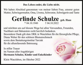 Traueranzeige von Gerlinde Schulze (geb. Haas)  von Magdeburger Volksstimme