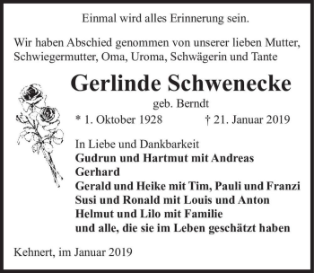 Traueranzeige von Gerlinde Schwenecke (geb. Berndt)  von Magdeburger Volksstimme