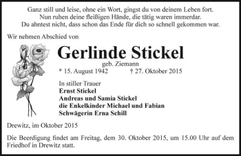 Traueranzeige von Gerlinde Stickel (geb. Ziemann)  von Magdeburger Volksstimme