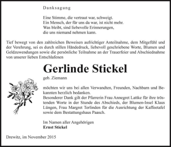 Traueranzeige von Gerlinde Stickel (geb. Ziemann)  von Magdeburger Volksstimme