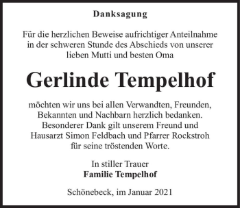 Traueranzeige von Gerlinde Tempelhof  von Magdeburger Volksstimme