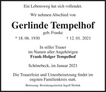 Traueranzeige von Gerlinde Tempelhof (geb. Franke)  von Magdeburger Volksstimme