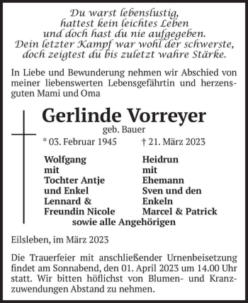 Traueranzeige von Gerlinde Vorreyer (geb. Bauer)  von Magdeburger Volksstimme