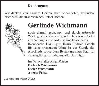 Traueranzeige von Gerlinde Wichmann  von Magdeburger Volksstimme