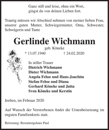 Traueranzeige von Gerlinde Wichmann  von Magdeburger Volksstimme