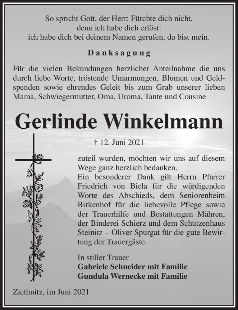  Traueranzeige für Gerlinde Winkelmann  vom 10.07.2021 aus Magdeburger Volksstimme