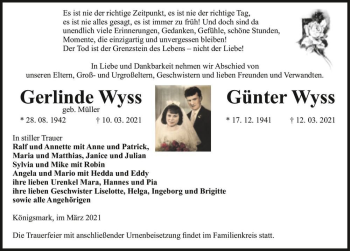 Traueranzeige von Gerlinde Wyss (geb. Müller) und Günter Wyss  von Magdeburger Volksstimme