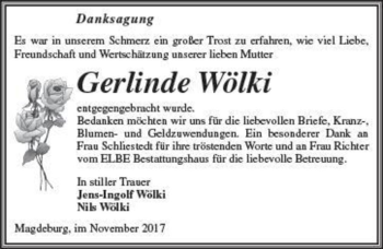 Traueranzeige von Gerlinde Wölki  von Magdeburger Volksstimme