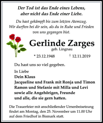 Traueranzeige von Gerlinde Zarges (geb. Lingnau)  von Magdeburger Volksstimme
