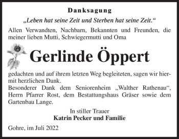 Traueranzeige von Gerlinde Öppert  von Magdeburger Volksstimme