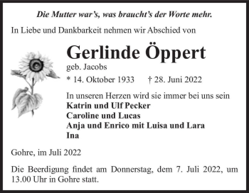 Traueranzeige von Gerlinde Öppert (geb. Jacobs)  von Magdeburger Volksstimme