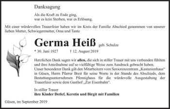 Traueranzeige von Germa Heiß (geb. Schulze)  von Magdeburger Volksstimme