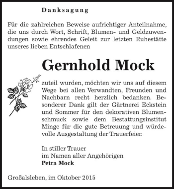 Traueranzeige von Gernhold Mock  von Magdeburger Volksstimme