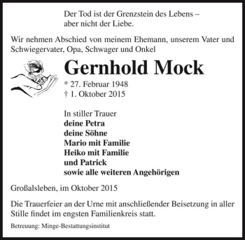 Traueranzeige von Gernhold Mock  von Magdeburger Volksstimme