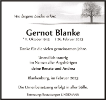 Traueranzeige von Gernot Blanke  von Magdeburger Volksstimme