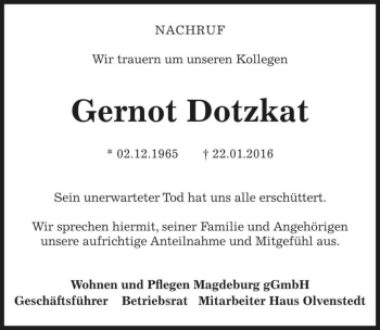 Traueranzeige von Gernot Dotzkat  von Magdeburger Volksstimme