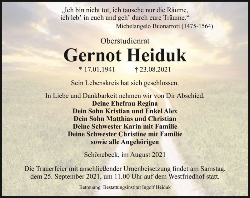  Traueranzeige für Gernot Heiduk  vom 28.08.2021 aus Magdeburger Volksstimme