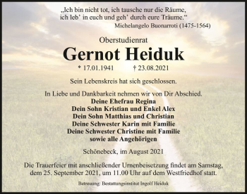Traueranzeige von Gernot Heiduk  von Magdeburger Volksstimme