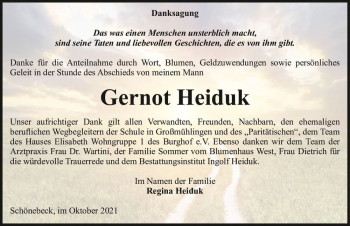Traueranzeige von Gernot Heiduk  von Magdeburger Volksstimme