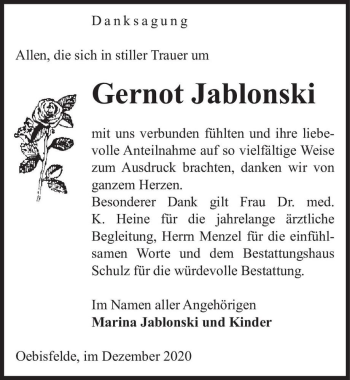 Traueranzeige von Gernot Jablonski  von Magdeburger Volksstimme