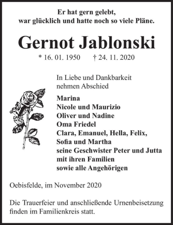 Traueranzeige von Gernot Jablonski  von Magdeburger Volksstimme