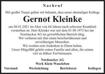 Traueranzeige von Gernot Kleinke  von Magdeburger Volksstimme