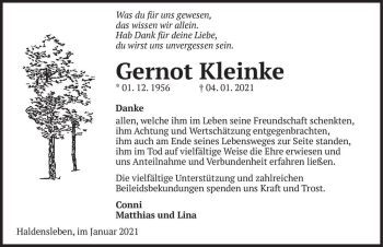 Traueranzeige von Gernot Kleinke  von Magdeburger Volksstimme