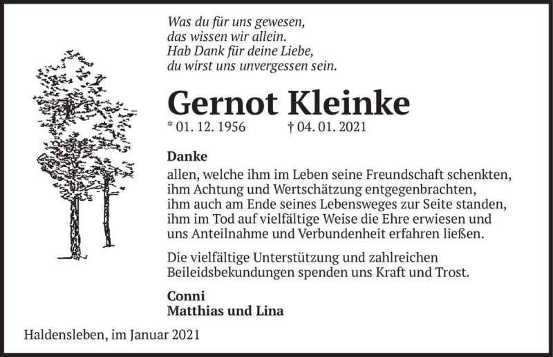  Traueranzeige für Gernot Kleinke  vom 23.01.2021 aus Magdeburger Volksstimme