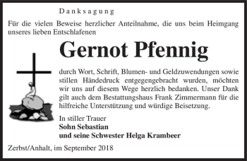 Traueranzeige von Gernot Pfennig  von Magdeburger Volksstimme