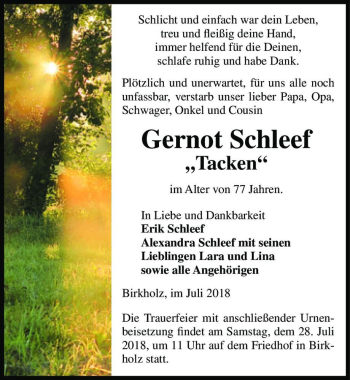 Traueranzeige von Gernot Schleef 