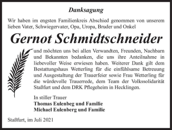 Traueranzeige von Gernot Schmidtschneider  von Magdeburger Volksstimme