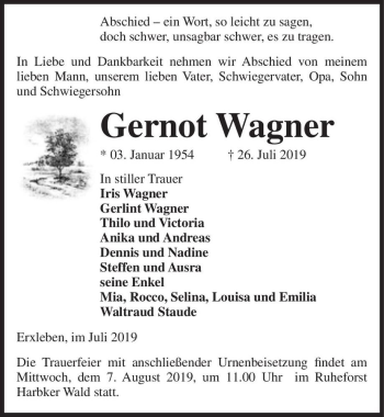 Traueranzeige von Gernot Wagner  von Magdeburger Volksstimme