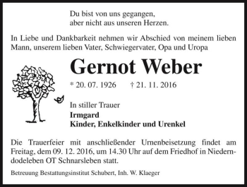 Traueranzeige von Gernot Weber  von Magdeburger Volksstimme