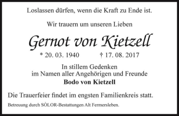 Traueranzeige von Gernot von Kietzell  von Magdeburger Volksstimme