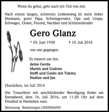 Traueranzeige von Gero Glanz  von Magdeburger Volksstimme