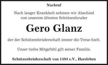 Traueranzeige von Gero Glanz  von Magdeburger Volksstimme