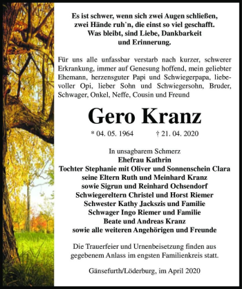 Traueranzeige von Gero Kranz  von Magdeburger Volksstimme