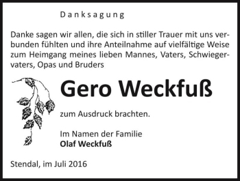 Traueranzeige von Gero Weckfuß  von Magdeburger Volksstimme