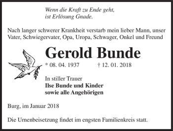 Traueranzeige von Gerold Bunde  von Magdeburger Volksstimme