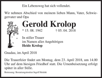 Traueranzeige von Gerold Krolop  von Magdeburger Volksstimme