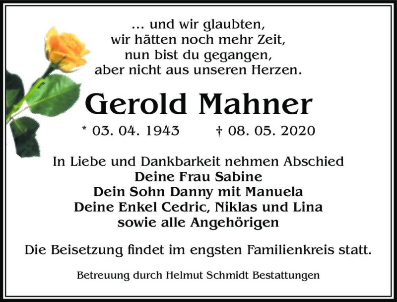  Traueranzeige für Gerold Mahner  vom 16.05.2020 aus Magdeburger Volksstimme