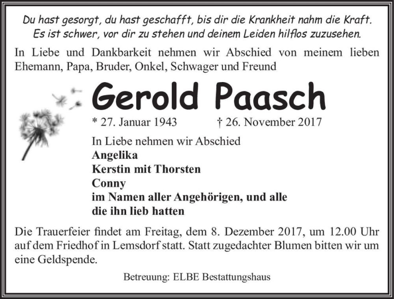  Traueranzeige für Gerold Paasch  vom 02.12.2017 aus Magdeburger Volksstimme