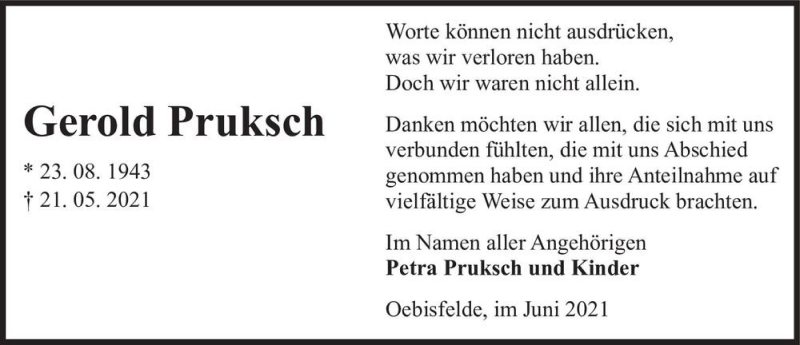  Traueranzeige für Gerold Pruksch  vom 12.06.2021 aus Magdeburger Volksstimme